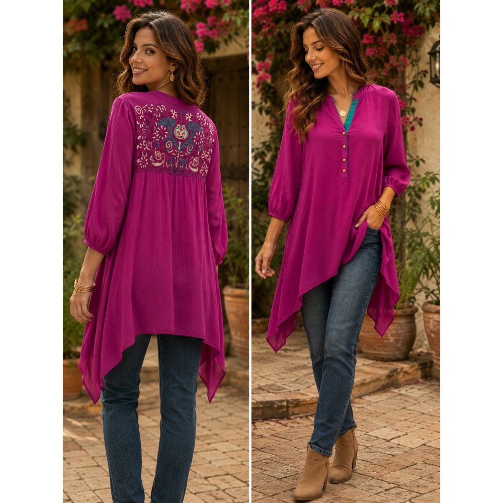 Limelight Magenta Embroidered Handkerchief Hem Tunic Top Large Pink Teal Gold